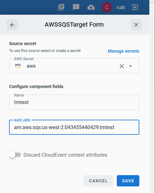 Amazon SQS Target form