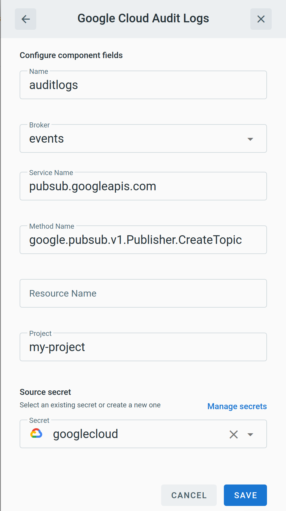 Google Cloud Audit Logs source form