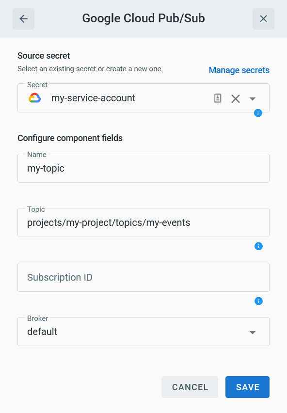 Google Cloud Pub/Sub source form