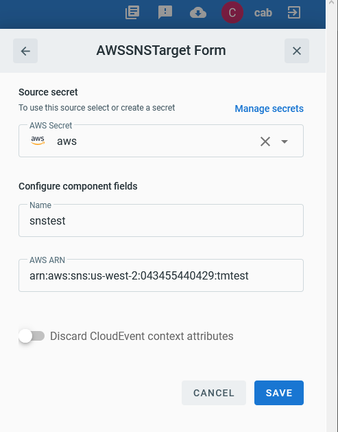 Amazon SNS Target form