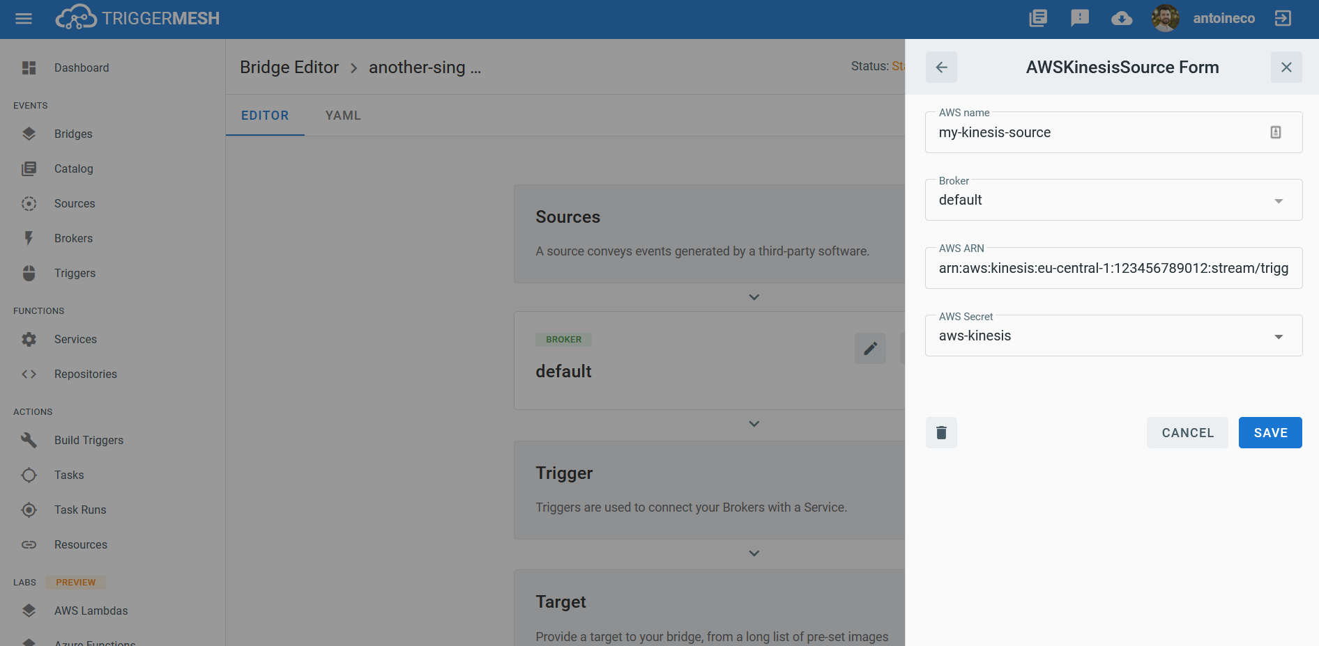 Amazon Kinesis source form