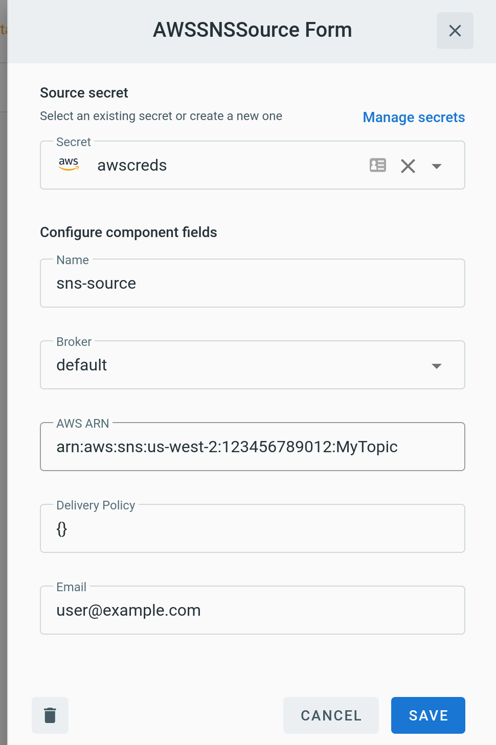 Amazon SNS source form